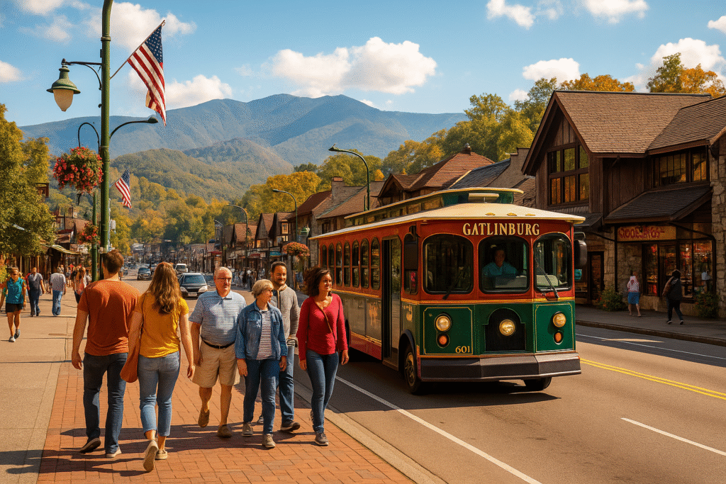 how to get around Gatlinburg without a car, Gatlinburg without driving, walkable Gatlinburg lodging, Gatlinburg trolley guide, Gatlinburg shuttle system