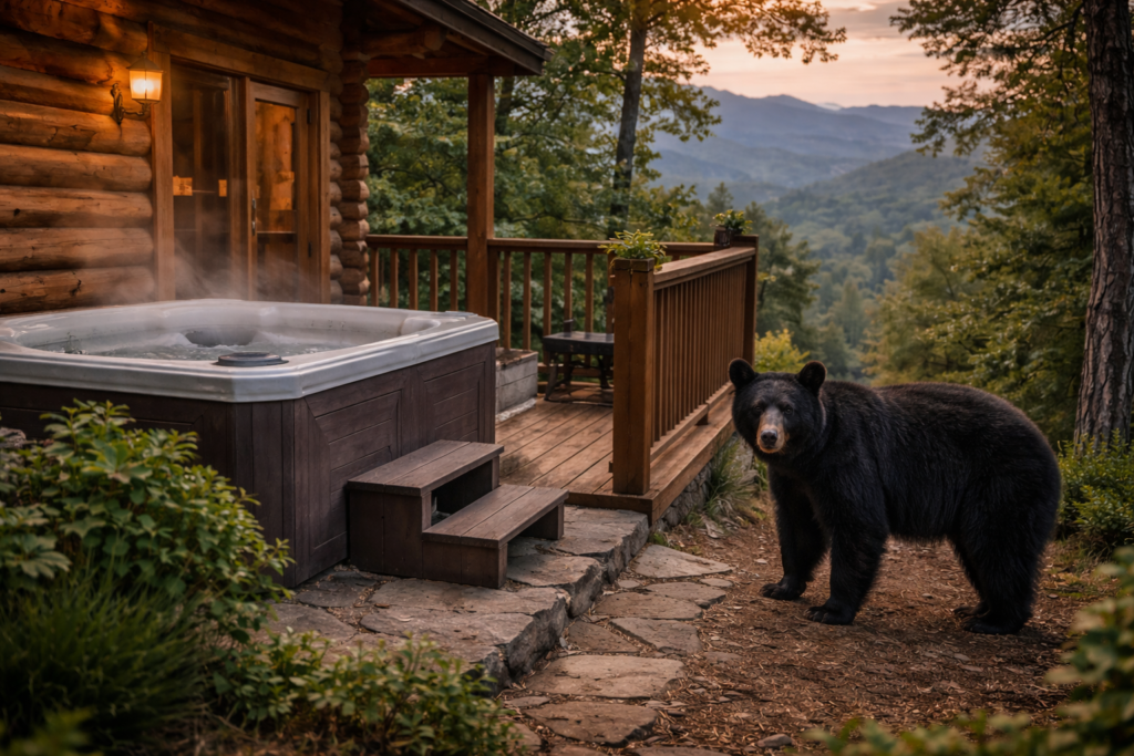 Black bear near a Gatlinburg cabins deck in the Smoky Mountains