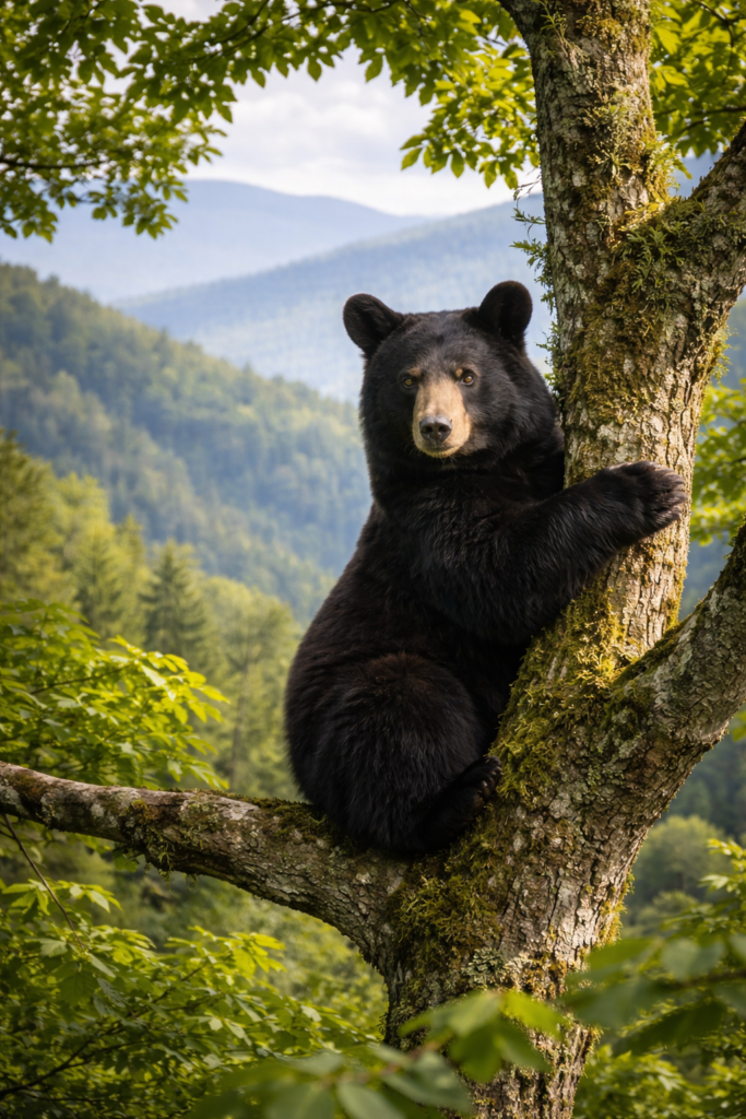 Black bear sitting in a tree in the Great Smoky Mountains near Gatlinburg Tennessee