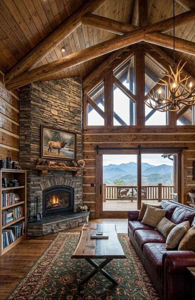 Cozy cabin interior in Gatlinburg with fireplace and mountain view