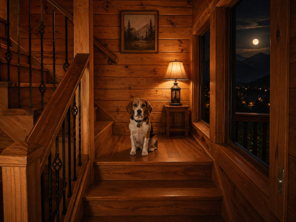Dog relaxing on a cabin porch in the Smoky Mountains during a quiet evening