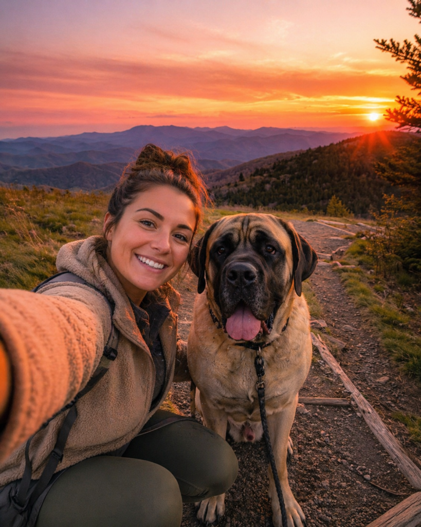 Dog looking out over the Smoky Mountains at sunrise during a peaceful morning