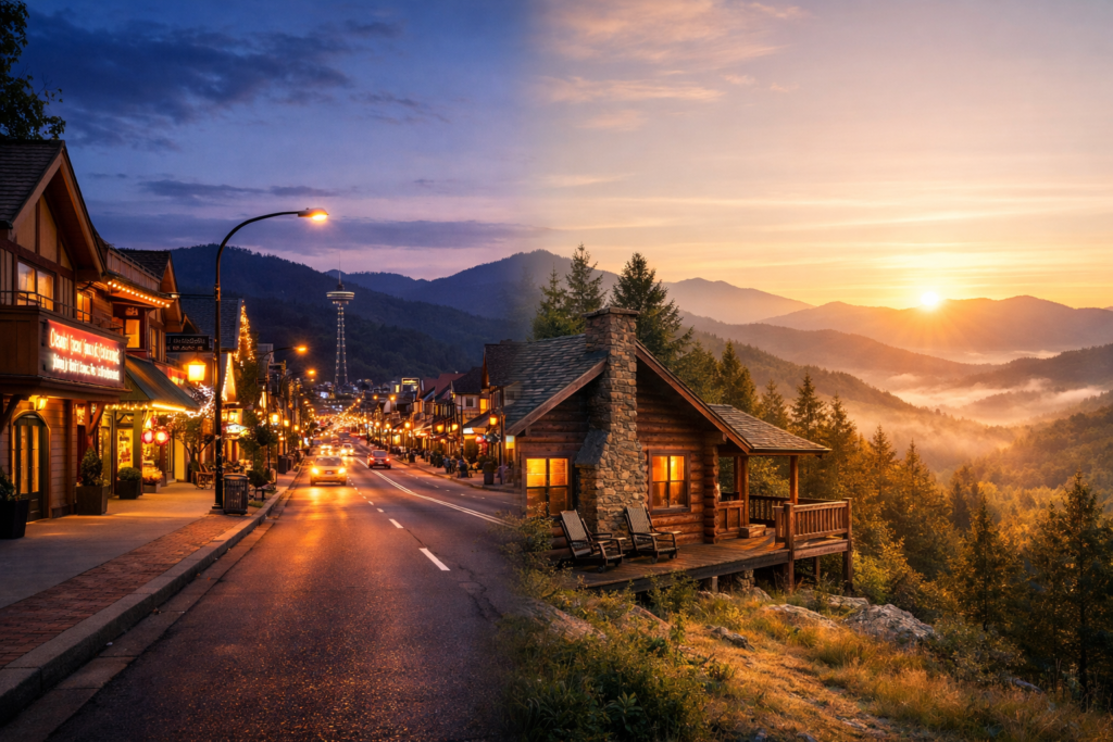 Downtown Gatlinburg Parkway compared to mountain cabin areas in the Smoky Mountains