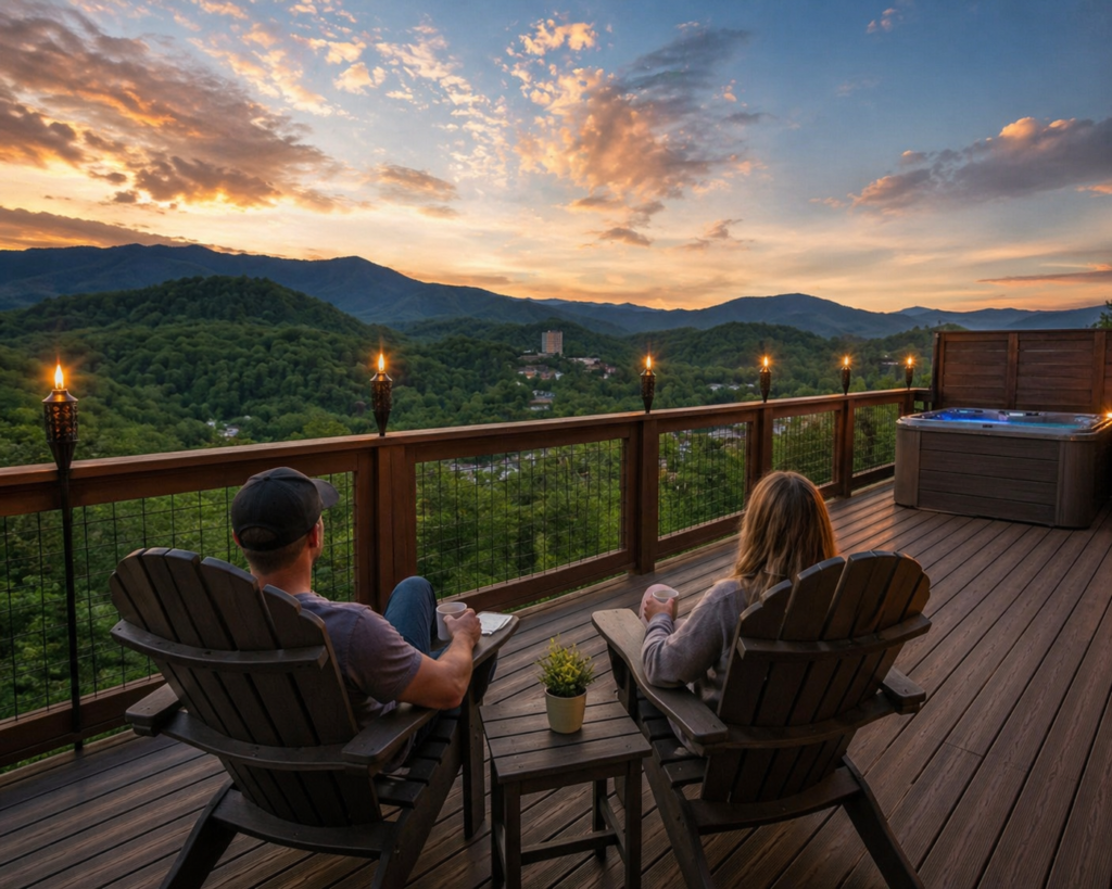 Cabin deck with outdoor seating overlooking the Smoky Mountains in Gatlinburg