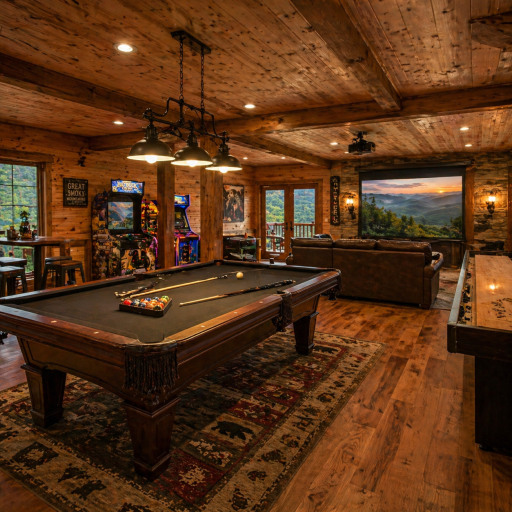 Game room inside a large Gatlinburg cabin with pool table and arcade machines