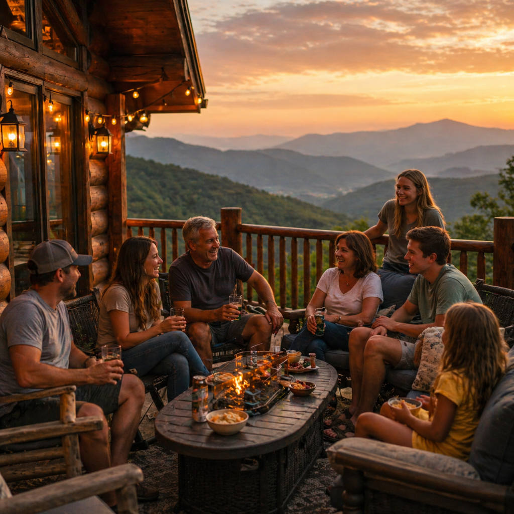 Group of friends and family relaxing on a Gatlinburg cabin deck with mountain views at sunset