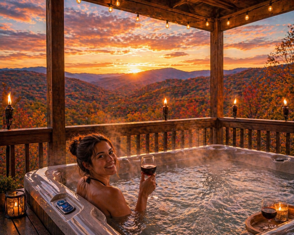Hot tub on a cabin deck overlooking the Smoky Mountains at sunset in Gatlinburg