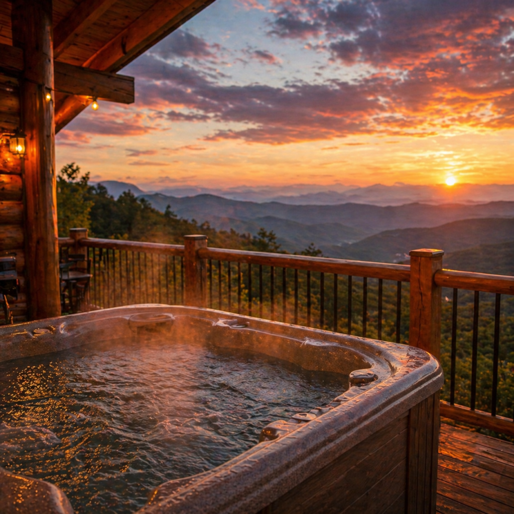 Hot tub on a Gatlinburg cabin deck overlooking the Smoky Mountains at sunset