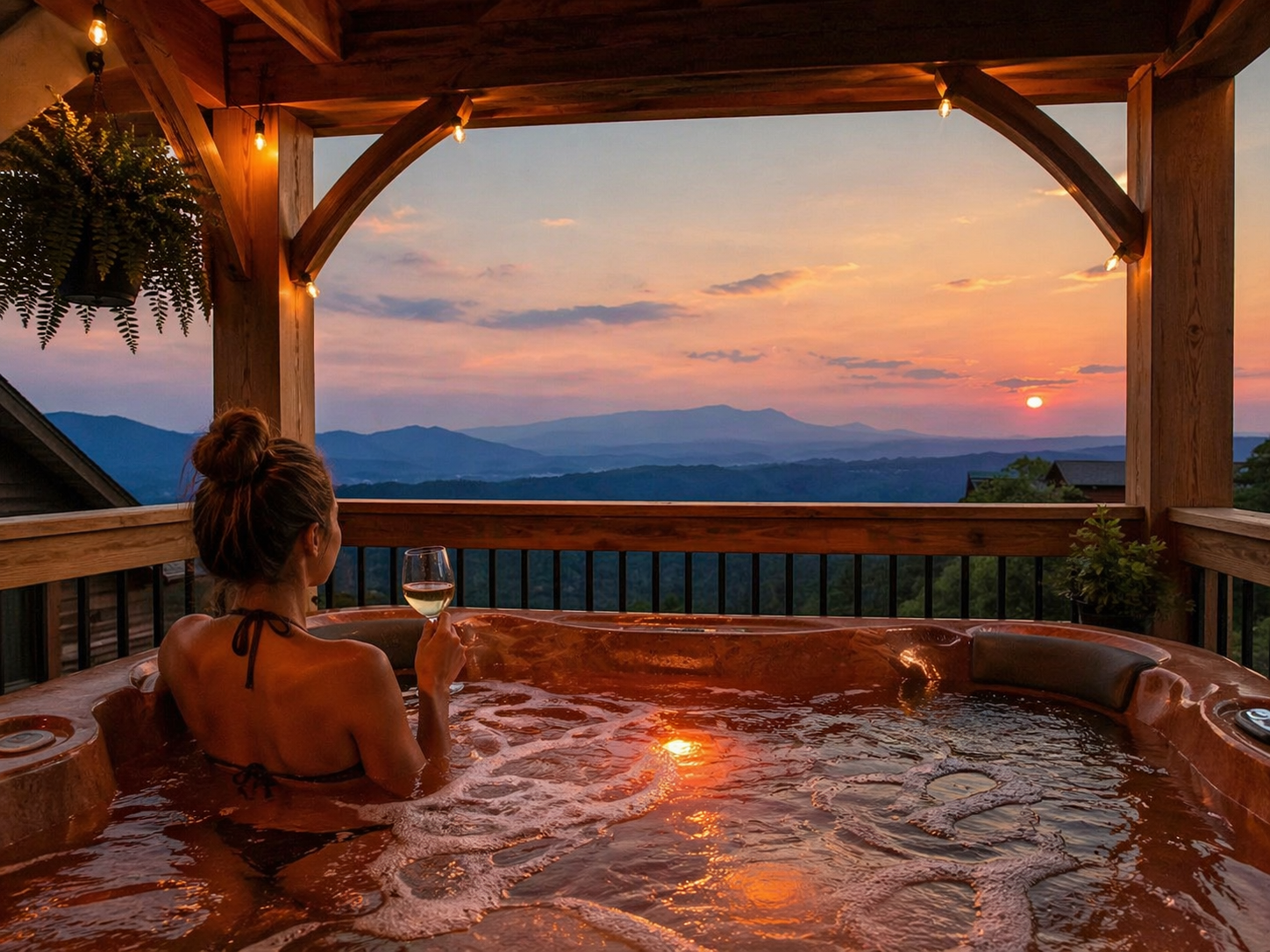 Cabin with hot tub overlooking the Smoky Mountains at sunset in Gatlinburg