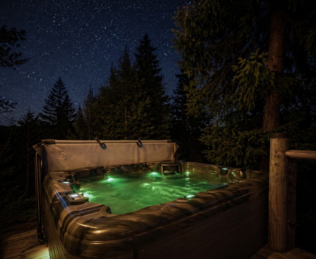 Cabin hot tub at night overlooking the Smoky Mountains in Gatlinburg with steam rising