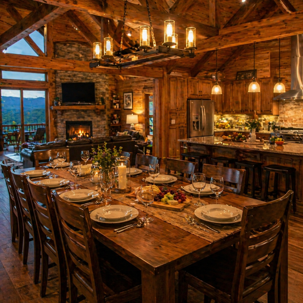 Large dining table inside a Gatlinburg cabin set for a group meal