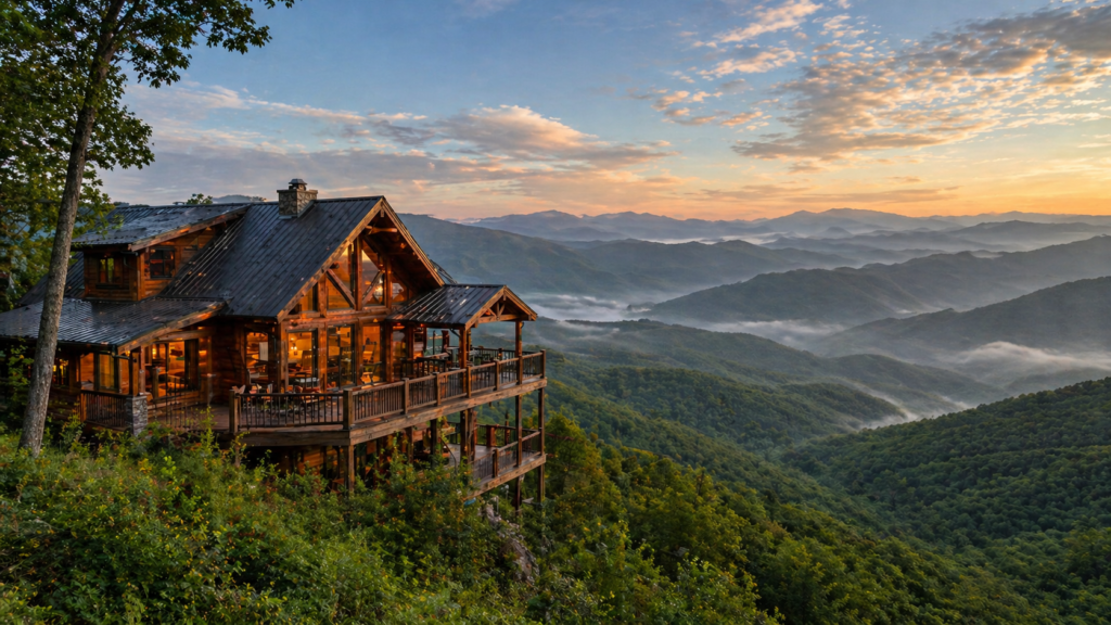 Cabin in Gatlinburg overlooking the Smoky Mountains with layered mountain views