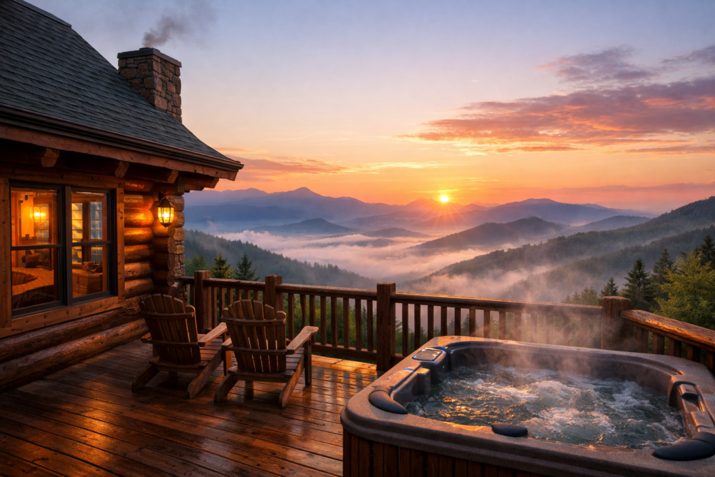 Gatlinburg cabin with mountain view at sunrise in the Smoky Mountains
