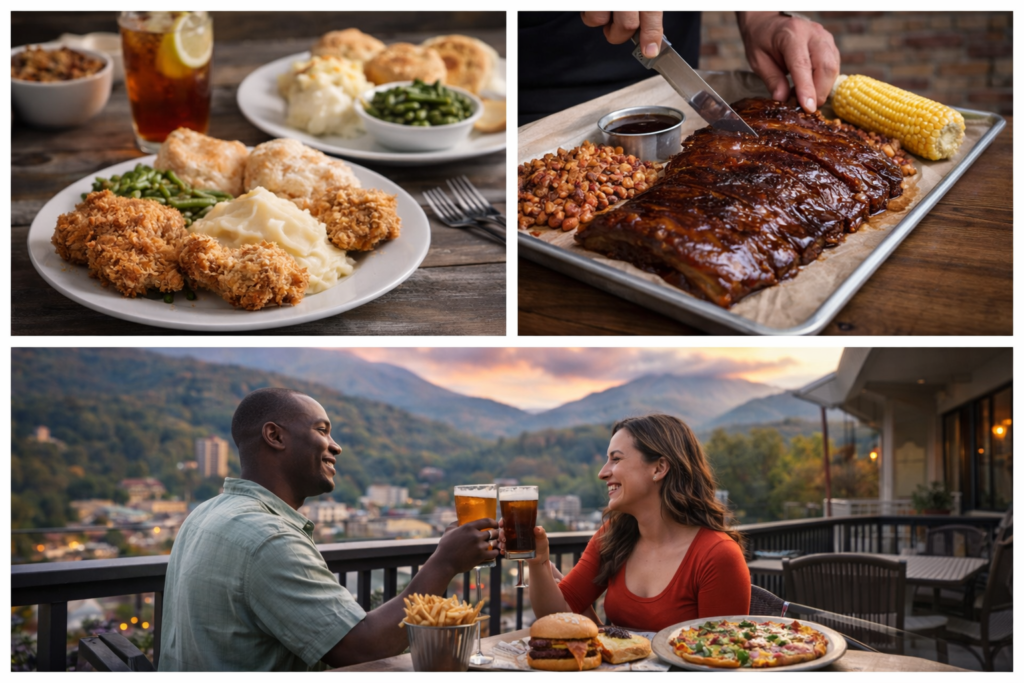Collage of Gatlinburg food including Southern fried chicken, barbecue ribs, and mountain-view dining in the Smoky Mountains