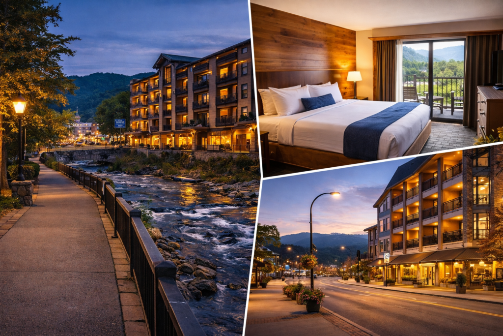 Gatlinburg hotel along the Parkway with walkable access and riverfront views