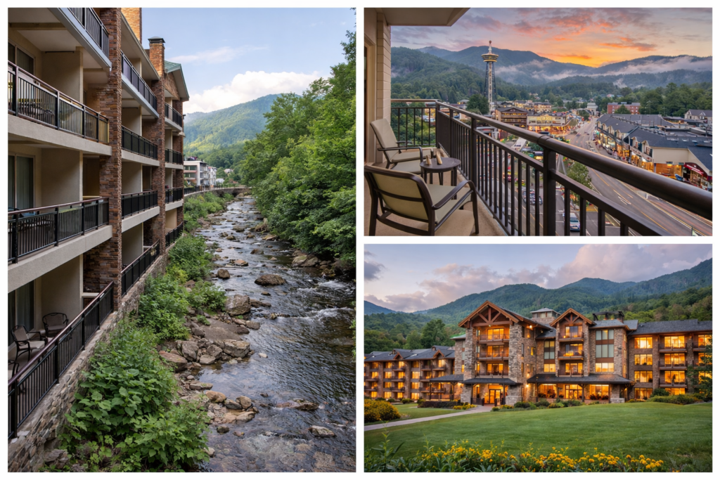 Collage of Gatlinburg hotels featuring creekside balconies, Parkway views, and a mountain lodge in the Smoky Mountains