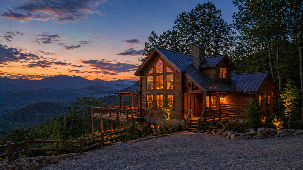 Large Gatlinburg cabin exterior at dusk with warm interior lighting and mountain backdrop