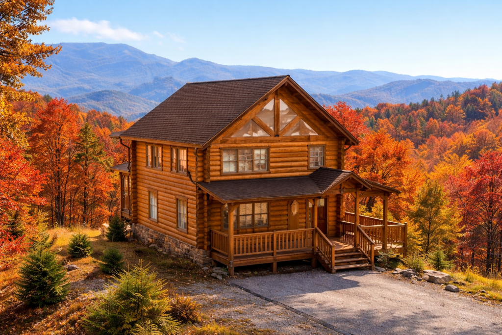 Gatlinburg log cabin with mountain views surrounded by colorful fall foliage in the Smoky Mountains
