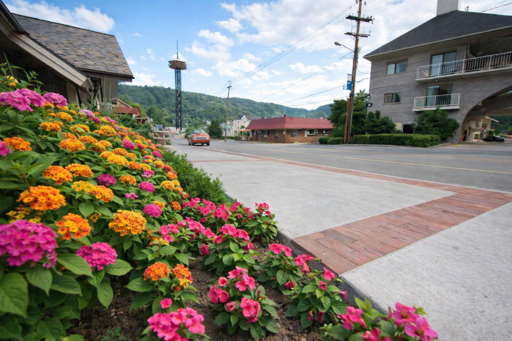 Colorful flowers along a Gatlinburg sidewalk with the Space Needle and Smoky Mountains in the background