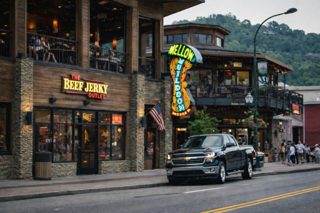 Gatlinburg Parkway with restaurants, shops, and pedestrian activity