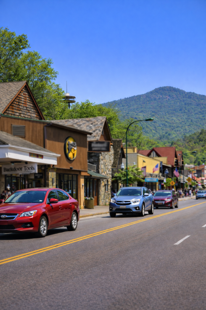Gatlinburg restaurants along the Parkway with Smoky Mountains in the background