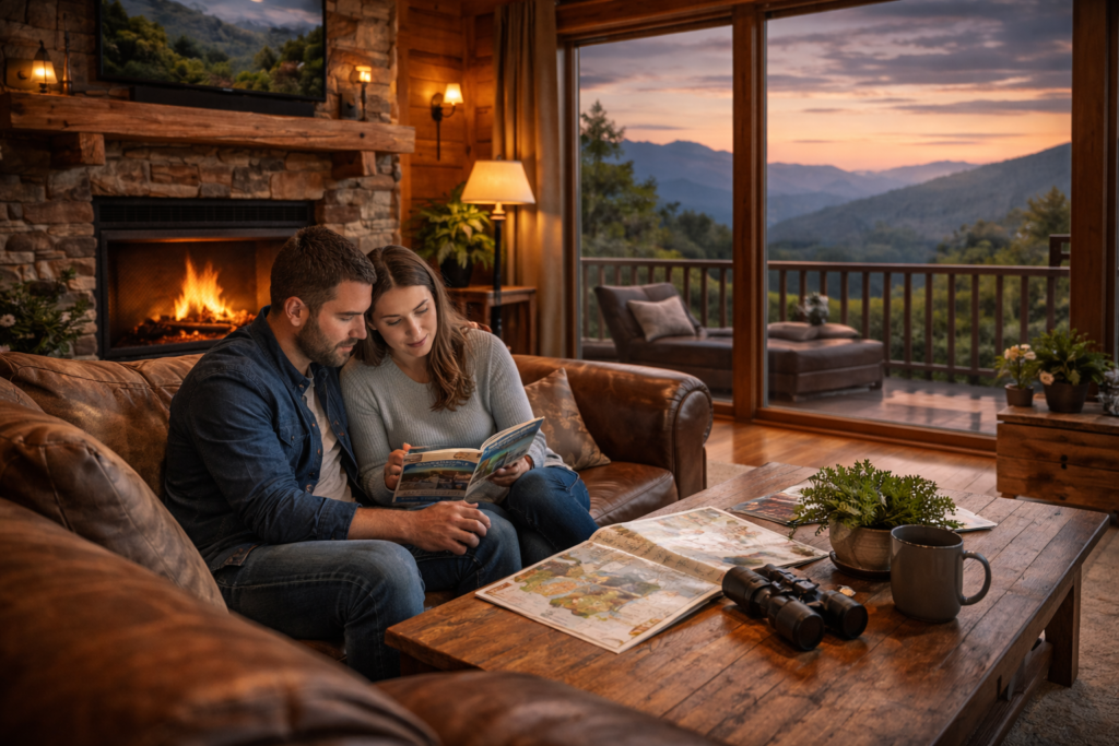 Couple relaxing in a Gatlinburg cabin living room with mountain view while planning their Smoky Mountains stay