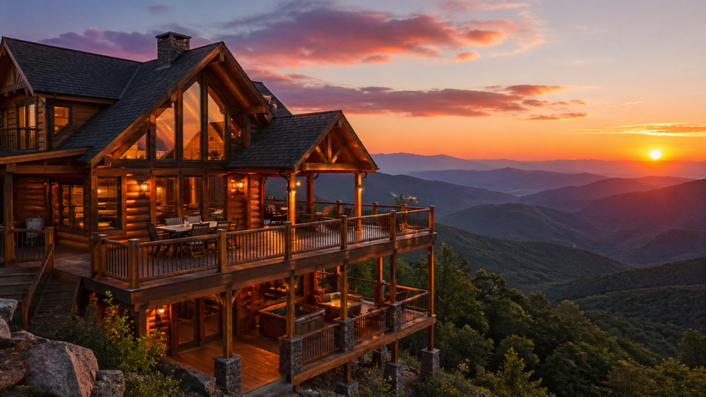 Large group cabin in Gatlinburg overlooking the Smoky Mountains at sunset