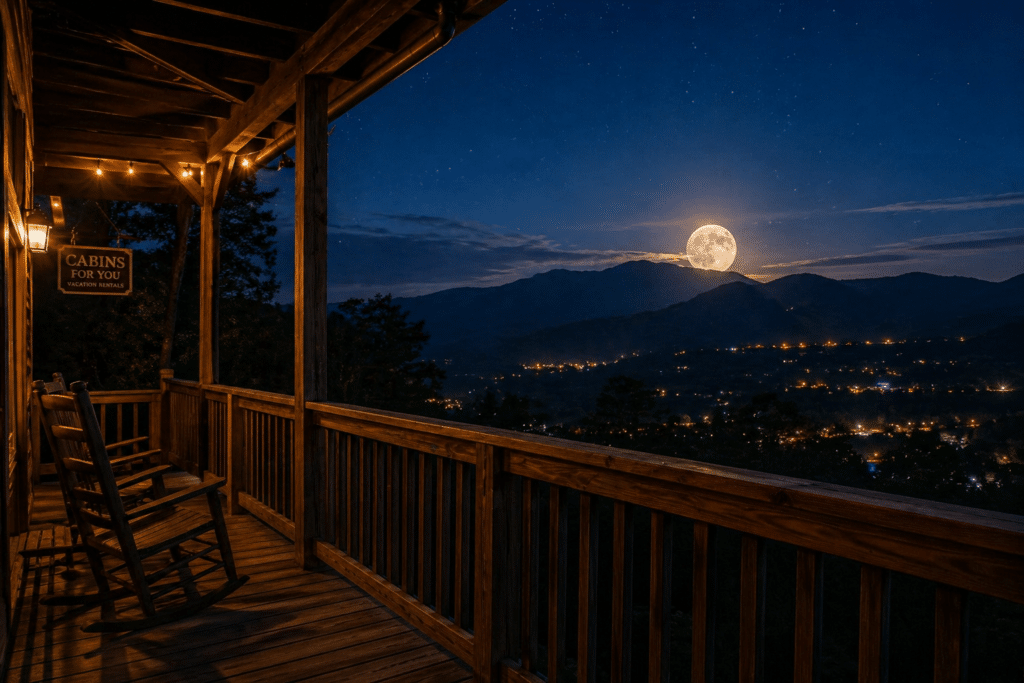 Pet-friendly cabin in Gatlinburg with mountain views and outdoor deck at sunset