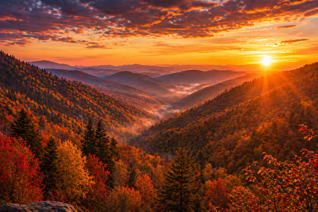 Panoramic sunset view over the Smoky Mountains near Gatlinburg