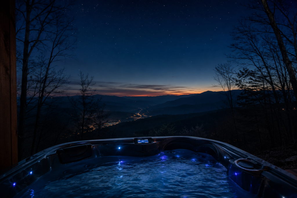 Romantic Restaurants in Gatlinburg: Smoky Mountain Date Nights Worth Slowing Down For 19 Mountain-view hot tub overlooking the Smoky Mountains at night from a Gatlinburg cabin with glowing valley lights below
