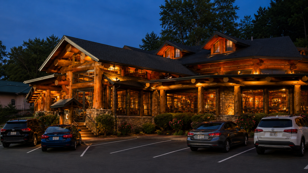 Best Dinner Restaurants in Gatlinburg: Smoky Mountain Favorites Worth the Wait 1 Warm rustic Smoky Mountain restaurant in Gatlinburg at dusk with glowing lights and mountain lodge atmosphere