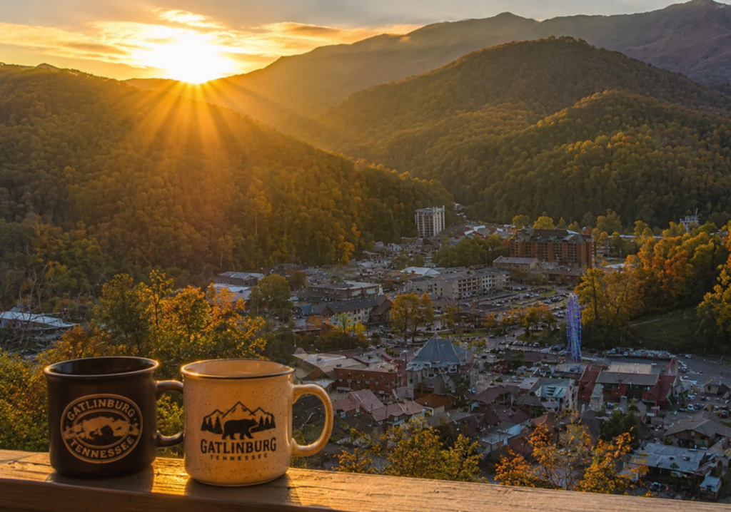 Coffee mugs overlooking downtown Gatlinburg and the Smoky Mountains during sunrise from a cabin deck