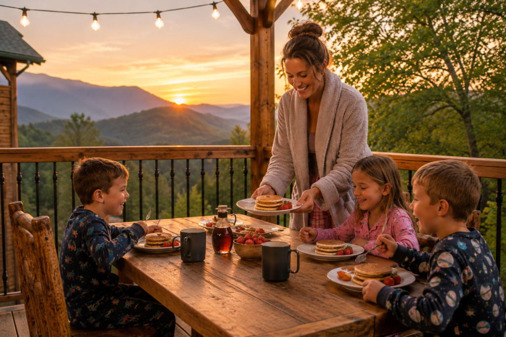 Cheap Cabins in Gatlinburg: Affordable Smoky Mountain Stays That Still Feel Magical 5 Family eating pancakes on a Gatlinburg cabin porch at sunrise overlooking the Smoky Mountains