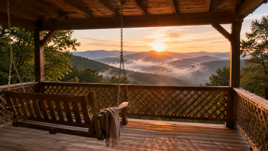 Cheap Cabins in Gatlinburg: Affordable Smoky Mountain Stays That Still Feel Magical 2 Porch swing at a cheap cabin in Gatlinburg overlooking the Smoky Mountains during a foggy sunrise