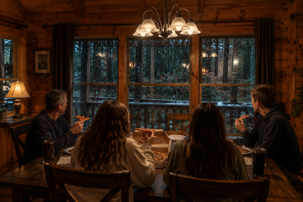 Family eating pizza inside a cozy Gatlinburg cabin while rain falls outside the windows in the Smoky Mountains.