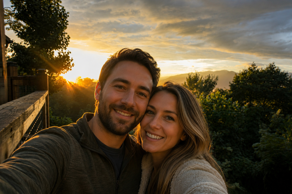 Luxury Cabins in Gatlinburg: The Ultimate Smoky Mountain Escape for Comfort, Views & Relaxation 3 Couple taking a selfie at sunset from a luxury cabin deck in Gatlinburg
