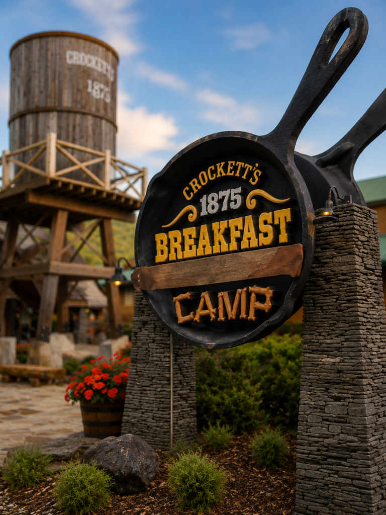 Close-up view of the Crockett’s Breakfast Camp sign in Gatlinburg with a rustic Smoky Mountain atmosphere and water tower in the background.