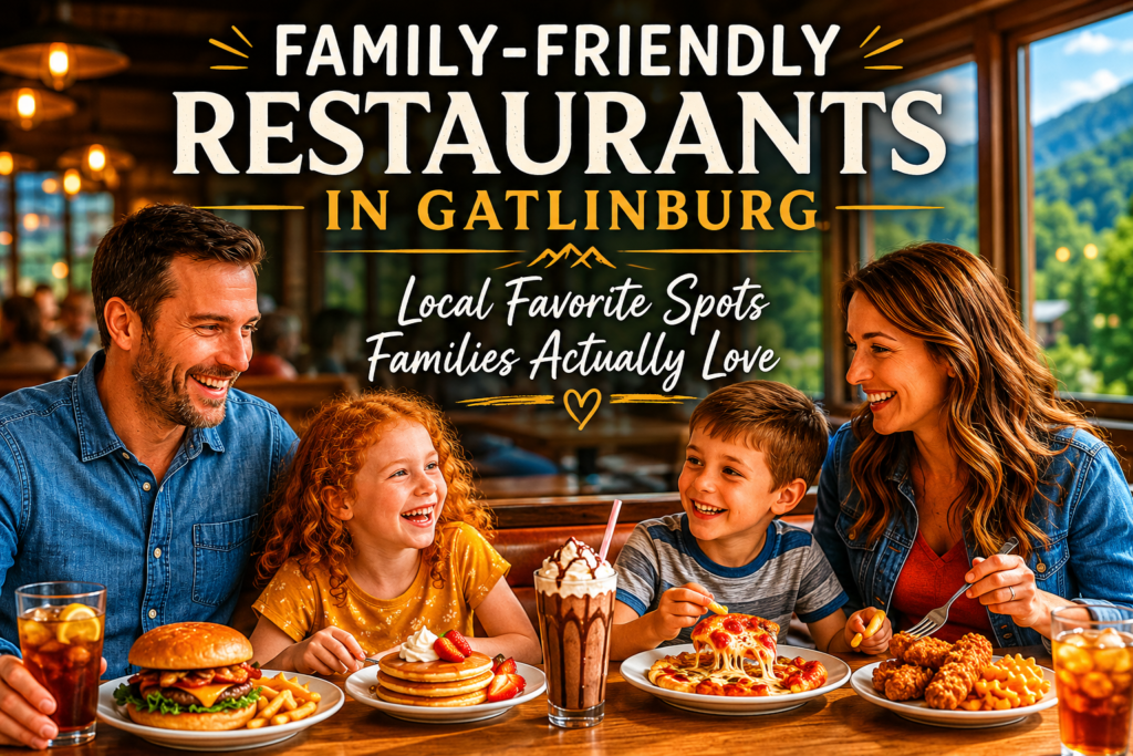 Family enjoying dinner at a cozy Smoky Mountain restaurant in Gatlinburg with burgers, pancakes, pizza, and comfort food.