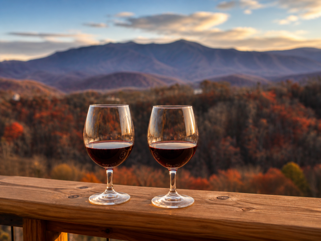 Cabin deck overlooking the Smoky Mountains with chairs and a scenic view