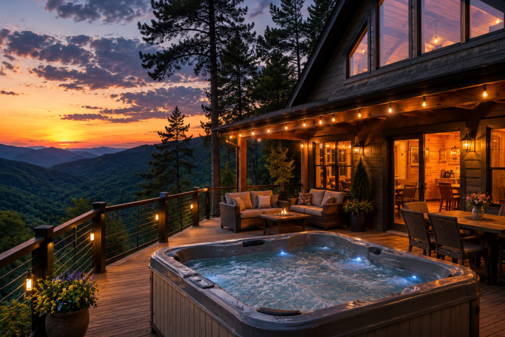 Hot tub on a cabin deck overlooking the Smoky Mountains at sunset near Gatlinburg