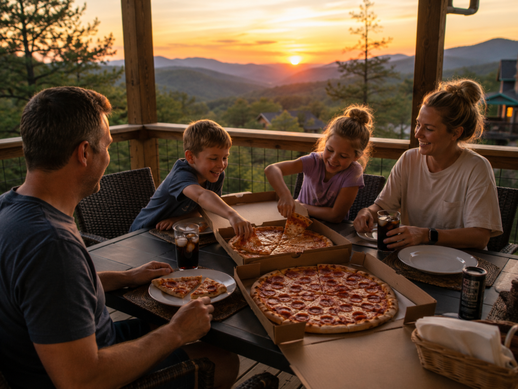 Family enjoying pizza on a cabin deck overlooking the Smoky Mountains at sunset during a Gatlinburg vacation.
