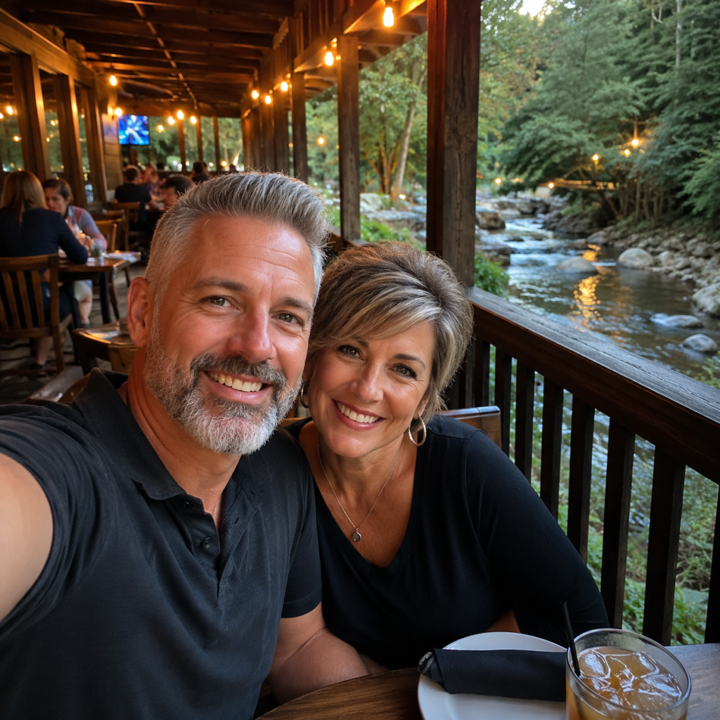 Romantic Restaurants in Gatlinburg: Smoky Mountain Date Nights Worth Slowing Down For 2 Couple taking a selfie during an anniversary dinner beside a creek at a romantic Gatlinburg restaurant in the Smoky Mountains