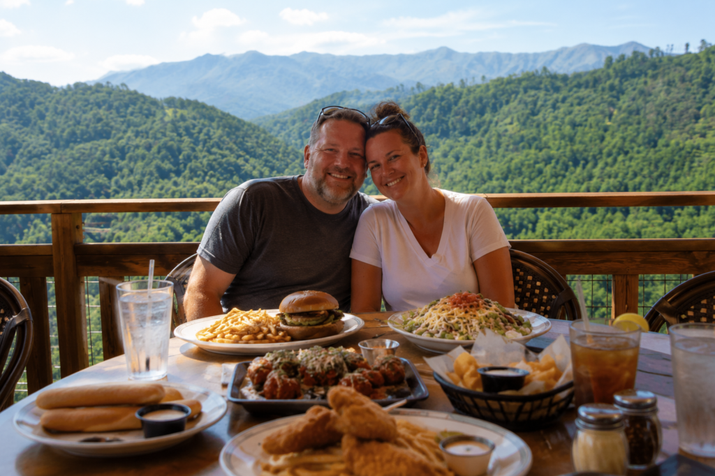 Family enjoying lunch with mountain views at a Smoky Mountain restaurant near Gatlinburg