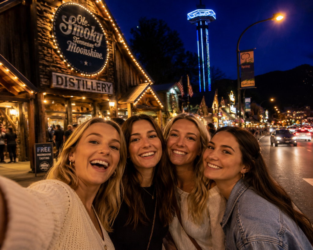 Best Dinner Restaurants in Gatlinburg: Smoky Mountain Favorites Worth the Wait 4 Group of friends taking a selfie outside Ole Smoky Distillery in Gatlinburg at night with Parkway lights and Smoky Mountain nightlife atmosphere