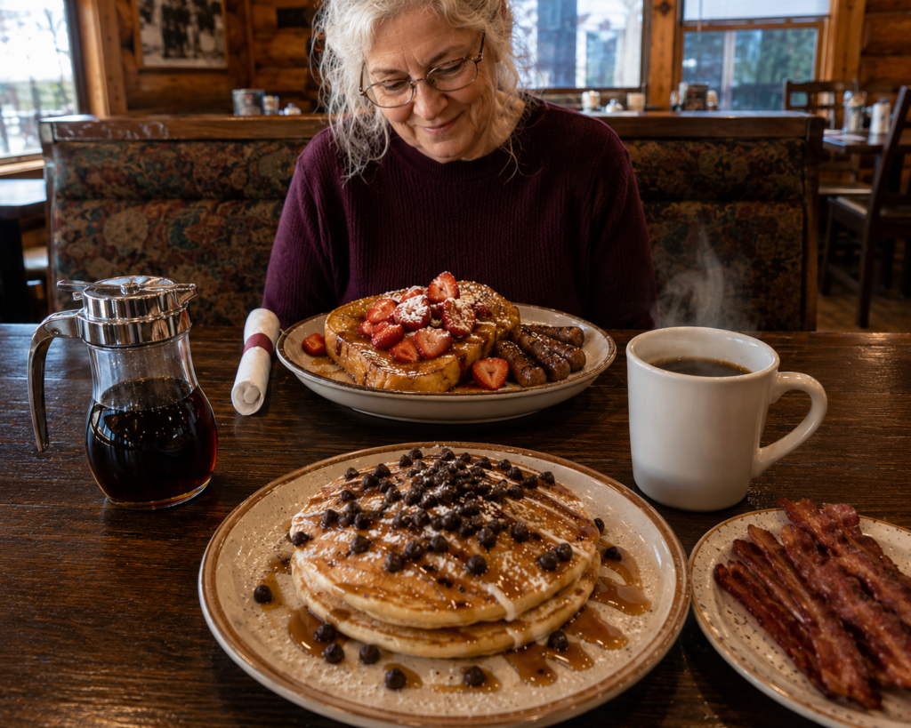 Older woman enjoying pancakes, French toast, bacon, sausage, and coffee at a rustic Gatlinburg breakfast restaurant.