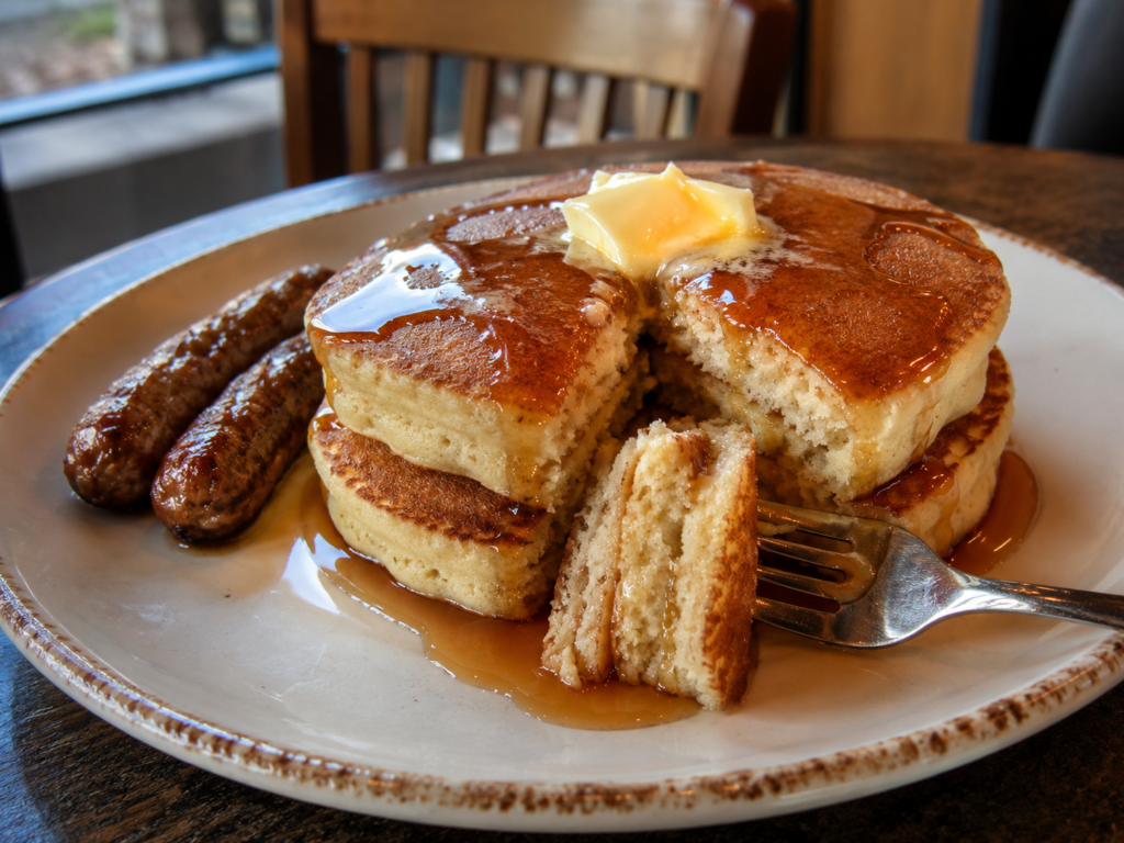 Romantic Restaurants in Gatlinburg: Smoky Mountain Date Nights Worth Slowing Down For 17 Stack of fluffy pancakes with melted butter, dripping syrup, sausage links, and a fork cutting into the pancakes at a Gatlinburg breakfast restaurant
