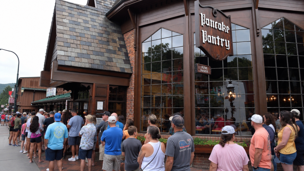 Crowds waiting outside Pancake Pantry on a busy summer morning along the Gatlinburg Parkway in downtown Gatlinburg Tennessee.