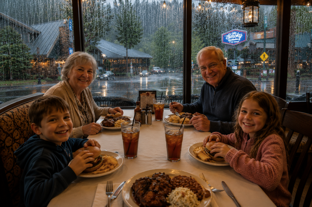 Best Dinner Restaurants in Gatlinburg: Smoky Mountain Favorites Worth the Wait 5 Grandparents and grandchildren enjoying dinner inside a cozy Gatlinburg restaurant while heavy rain falls outside the windows in the Smoky Mountains