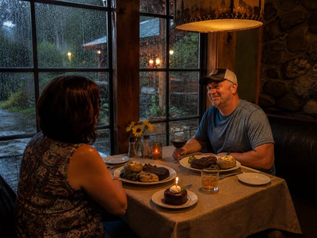 Couple enjoying a romantic steak dinner beside a rainy window inside a rustic Smoky Mountain steakhouse in Gatlinburg Tennessee