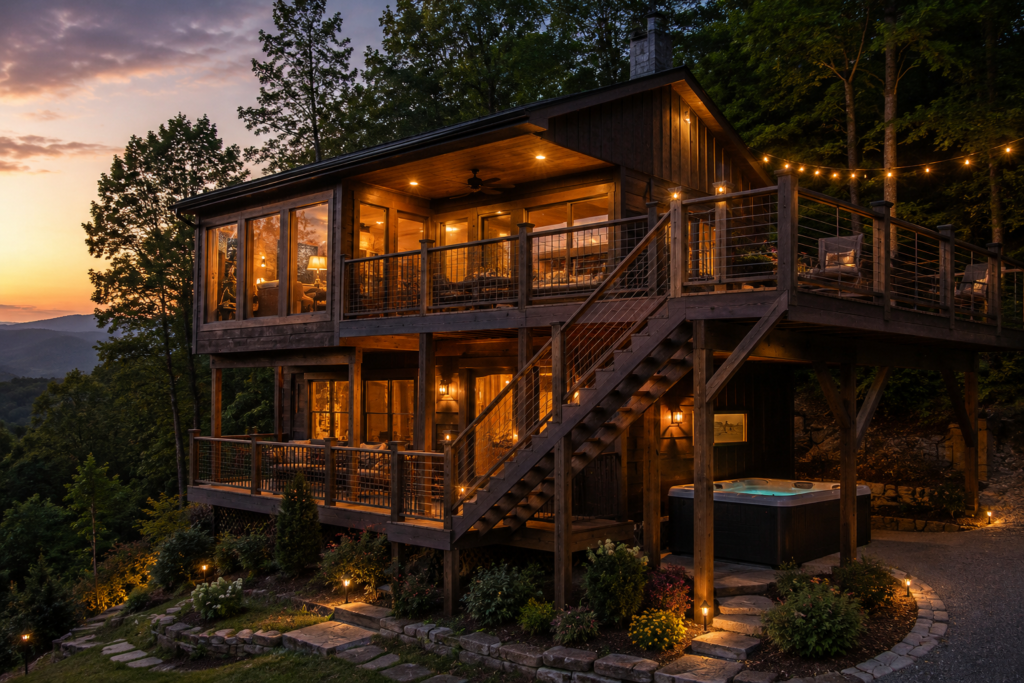 Modern rustic cabin in the Smoky Mountains glowing at twilight with mountain views and outdoor deck